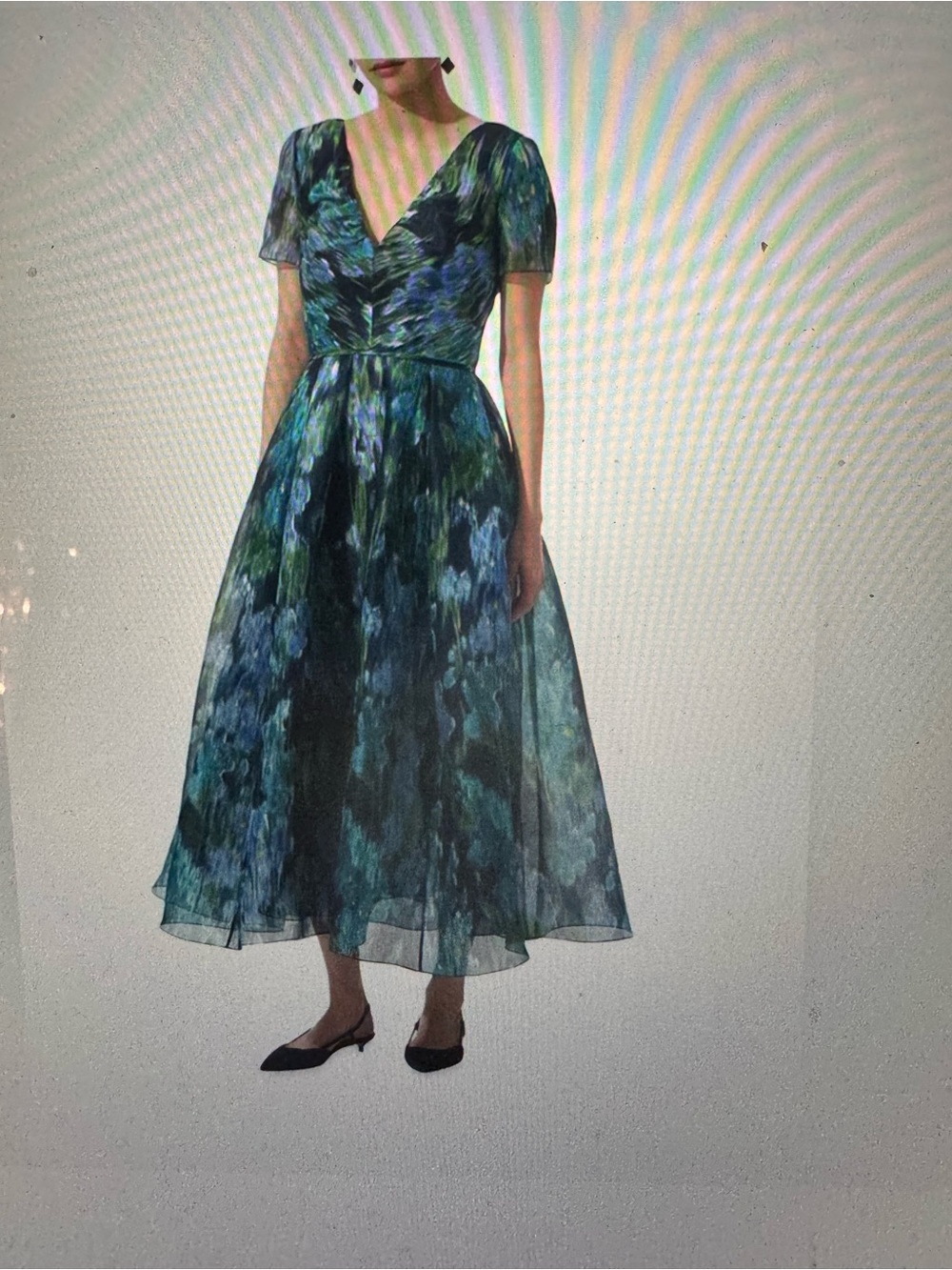 Carolina Herrera Blue and Green V-Neck Midi Dress